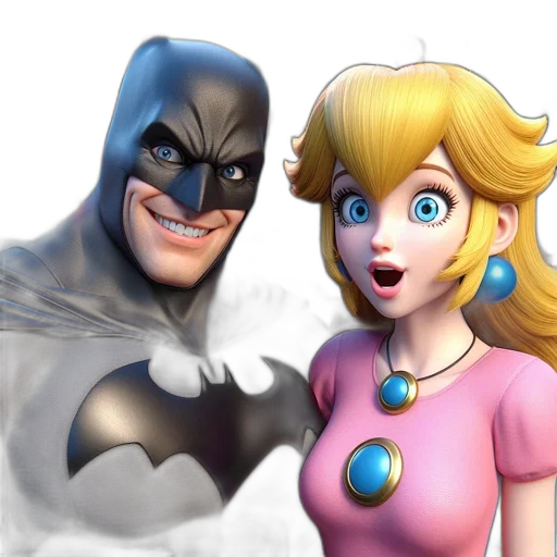 concept art, 3d render, comic book art, photorealistic, batman, princess, peach, stand transparent PNG cut-out