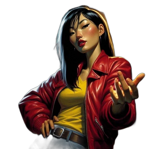 jacket, comic book art, concept art, photorealistic, fantasy art, neon lights, red, woman transparent PNG cut-out