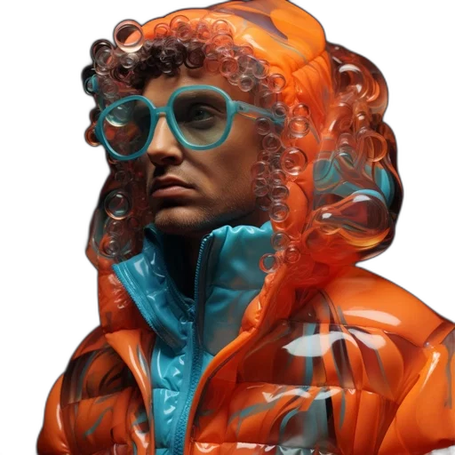 jacket, face, cyberpunk, 3d render, concept art, vaporwave, neon, figure transparent PNG cut-out