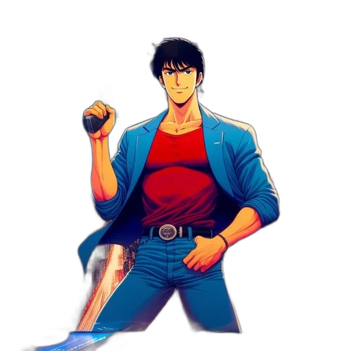 jacket, weapon, pixel art, concept art, comic book art, anime, blue, red transparent PNG cut-out