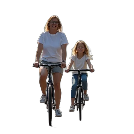 3d render, photorealistic, mother, daughter, riding, tandem, bike, street transparent PNG cut-out