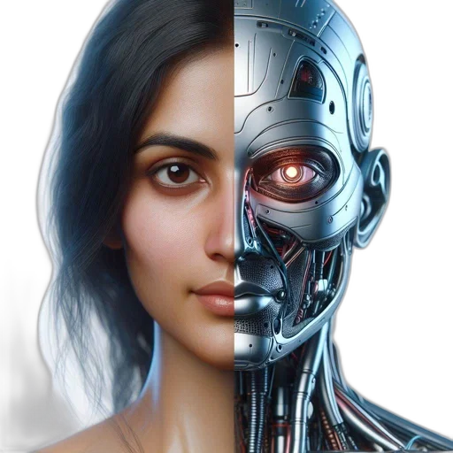 robot, face, concept art, cyberpunk, photorealistic, 3d render, split, image transparent PNG cut-out