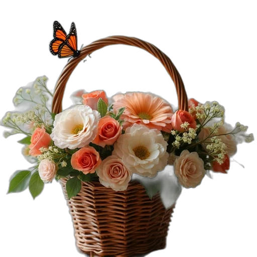 flower, crown, photorealistic, 3d render, earth tones, basket, flowers, butterfly transparent PNG cut-out