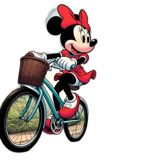 concept art, cartoon, photorealistic, comic book art, minnie, mouse, rides, bicycle transparent PNG cut-out