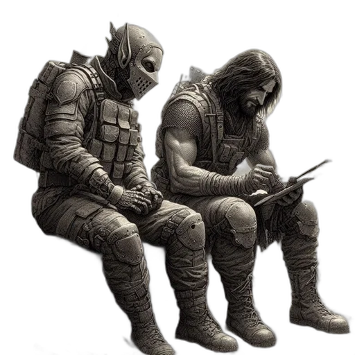 concept art, comic book art, fantasy art, pencil sketch, fire, post-apocalyptic, setting, armored transparent PNG cut-out
