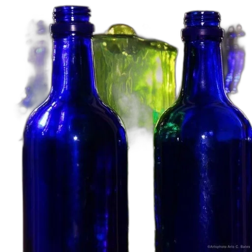 bottle, photorealistic, 3d render, neon lights, blue, green, two, bottles transparent PNG cut-out