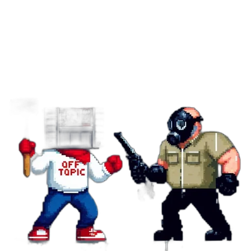 robot, weapon, pixel art, concept art, comic book art, 3d render, fog, two transparent PNG cut-out