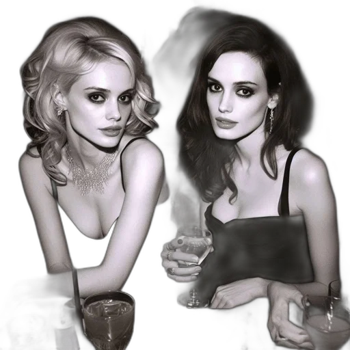photorealistic, cartoon, concept art, pencil sketch, two, elegantly, dressed, women transparent PNG cut-out