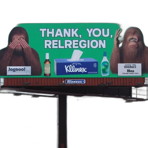 advertisement, outdoor, location, features, two, bigfoot-like, creatures, alongside transparent PNG cut-out