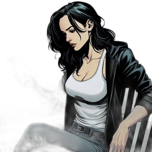 jacket, comic book art, concept art, cartoon, fantasy art, woman, dark, hair transparent PNG cut-out
