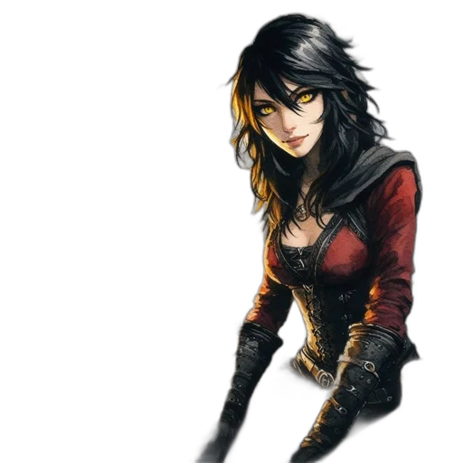 fantasy art, comic book art, concept art, pixel art, dark, golden, dark-haired, female transparent PNG cut-out