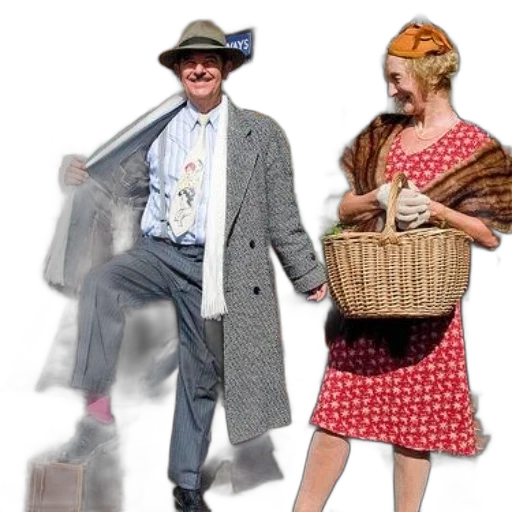 city street, man, tweed, coat, hat, stands, next, woman transparent PNG cut-out