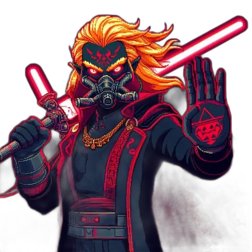 mask, staff, concept art, comic book art, fantasy art, pixel art, red, ominous transparent PNG cut-out