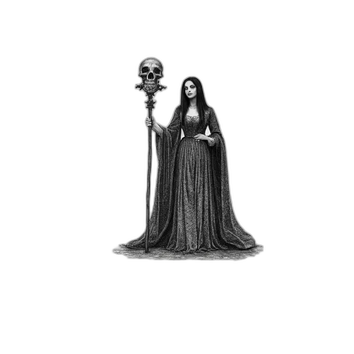dress, staff, crown, jewelry, concept art, fantasy art, pencil sketch, pixel art transparent PNG cut-out