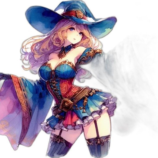 hat, dress, staff, weapon, fantasy art, concept art, watercolor, anime transparent PNG cut-out