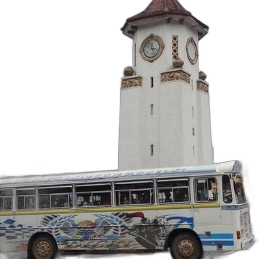 building, photorealistic, 3d render, colorful, bus, passes, tall, clock transparent PNG cut-out