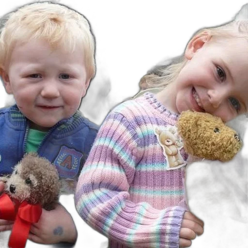 photorealistic, 3d render, two, children, hold, stuffed, animals, one transparent PNG cut-out