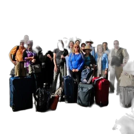staff, 3d render, concept art, group, travelers, luggage, stands, outside transparent PNG cut-out