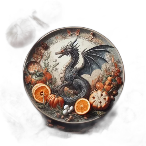 dragon, jewelry, food, fantasy art, concept art, photorealistic, watercolor, fire transparent PNG cut-out