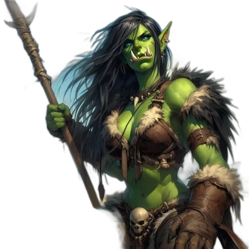 staff, fantasy art, concept art, comic book art, photorealistic, green, green-skinned, female transparent PNG cut-out