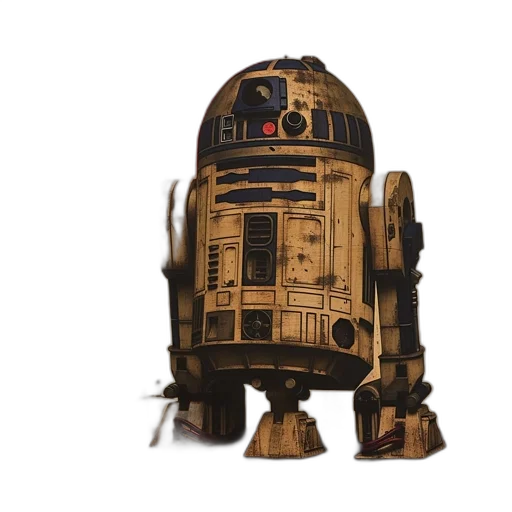 robot, 3d render, concept art, vintage-styled, r2-d2, stands, weathered, earthy transparent PNG cut-out