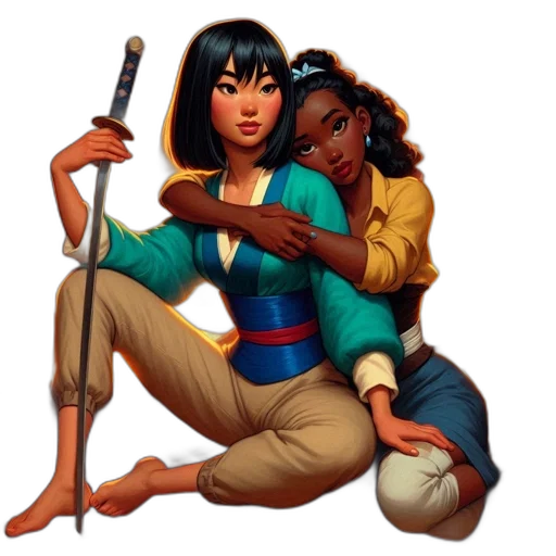 staff, concept art, comic book art, fantasy art, cartoon, two, female, characters transparent PNG cut-out