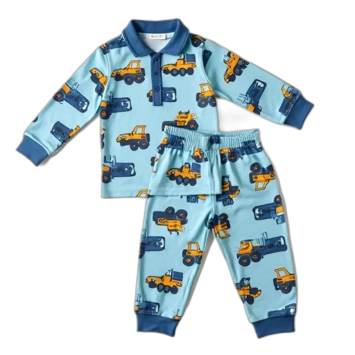 blue, child, pajama, set, pattern, various, construction, vehicles transparent PNG cut-out