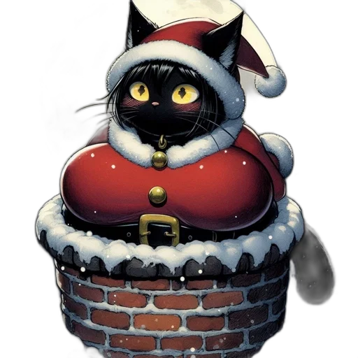 concept art, pixel art, 3d render, black, cat, santa, claus, costume transparent PNG cut-out