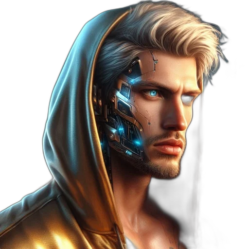robot, face, jacket, cyberpunk, fantasy art, concept art, comic book art, neon lights transparent PNG cut-out