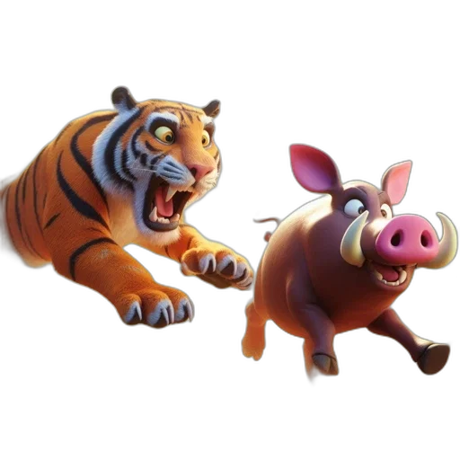 animal, concept art, 3d render, photorealistic, fantasy art, tiger, pursues, pig transparent PNG cut-out