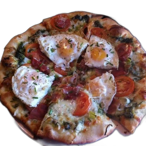 food, 3d render, photorealistic, pizza, eggs, tomatoes, other, toppings transparent PNG cut-out