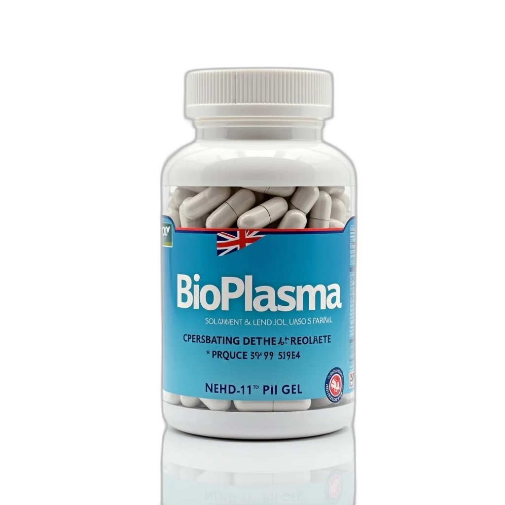 white, bottle, blue, label, containing, supplement, called, bioplasma transparent PNG cut-out