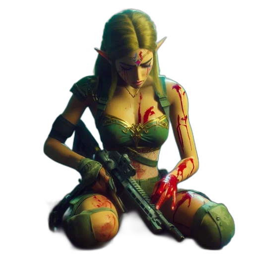 weapon, concept art, pixel art, cyberpunk, fantasy art, green, elven, female transparent PNG cut-out