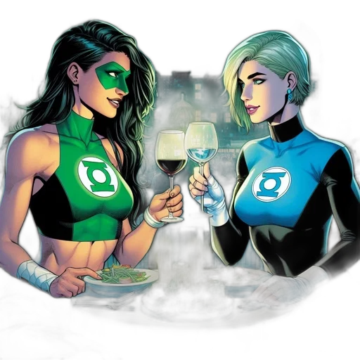 comic book art, concept art, green, two, women, costume, one, another transparent PNG cut-out