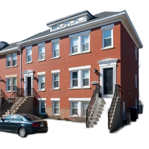 building, 3d render, city street, row, brick, townhouses, white, trim transparent PNG cut-out