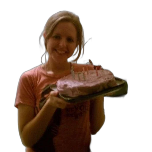 shoes, staff, woman, pink, shirt, holds, cake, candles transparent PNG cut-out