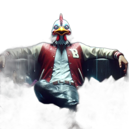 jacket, mask, concept art, 3d render, photorealistic, pixel art, anthropomorphic, chicken transparent PNG cut-out