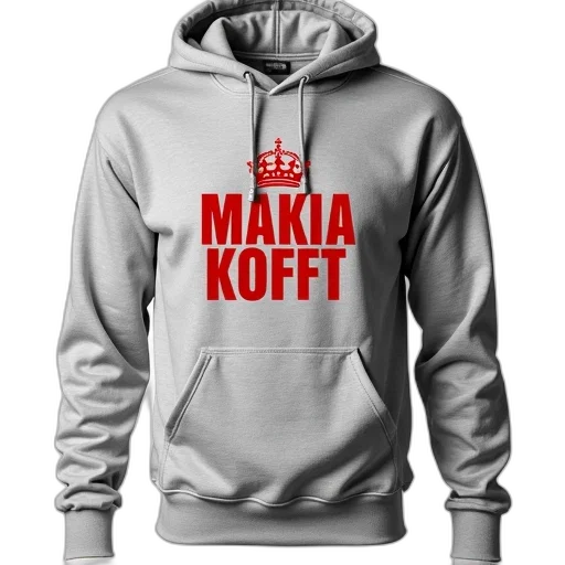 jacket, grey, hoodie, red, logo, front, reads, makia transparent PNG cut-out
