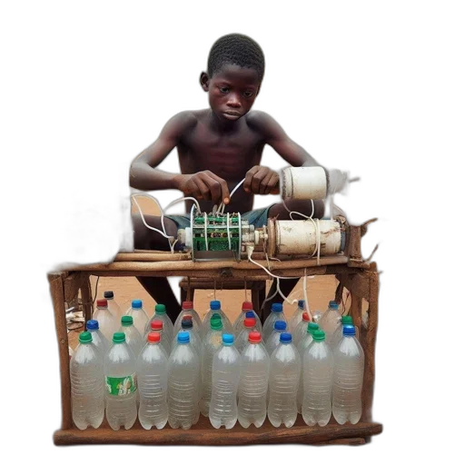 bottle, concept art, young, boy, works, makeshift, machine, rustic transparent PNG cut-out