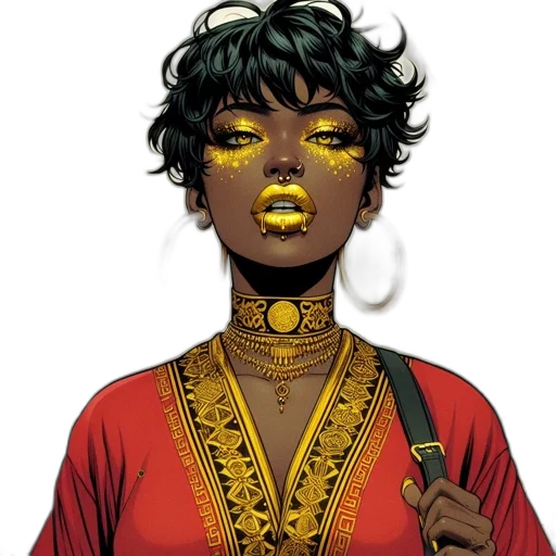 jewelry, comic book art, concept art, fantasy art, cartoon, golden, earth tones, woman transparent PNG cut-out