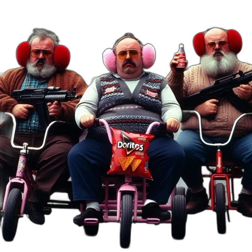 concept art, three, elderly, men, each, ride, tricycle, down transparent PNG cut-out