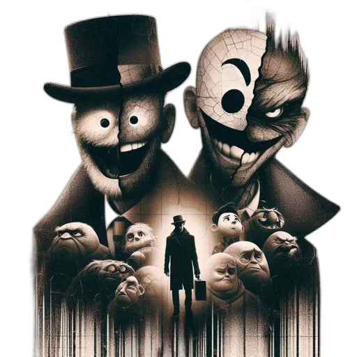 mask, concept art, comic book art, cartoon, pixel art, two, characters, exaggerated transparent PNG cut-out