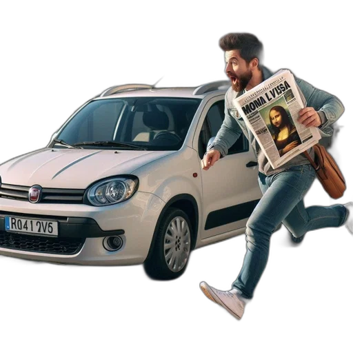 car, concept art, photorealistic, 3d render, cartoon, city street, man, runs transparent PNG cut-out