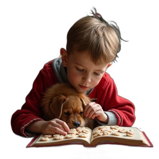 animal, photorealistic, oil painting, christmas, cookie, book, boy, dog transparent PNG cut-out