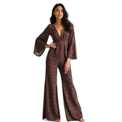 dress, earth tones, woman, wearing, patterned, v-neckline, long, flowing transparent PNG cut-out