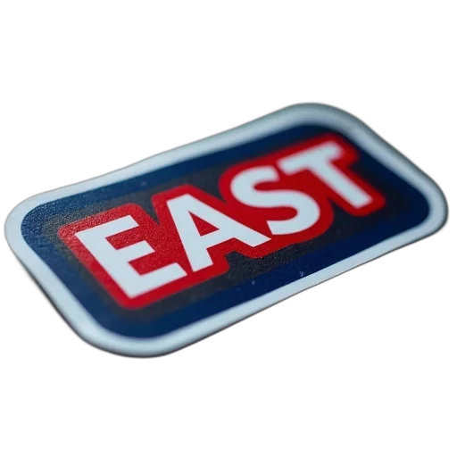 3d render, close-up, red, blue, sticker, text, east, black transparent PNG cut-out