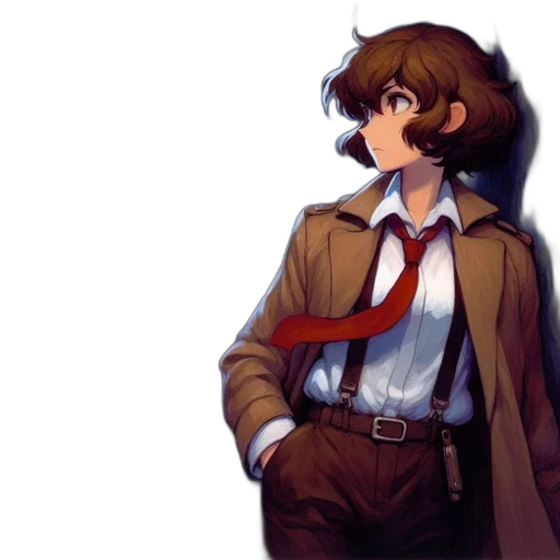 jacket, staff, face, concept art, pixel art, anime, watercolor, dark transparent PNG cut-out