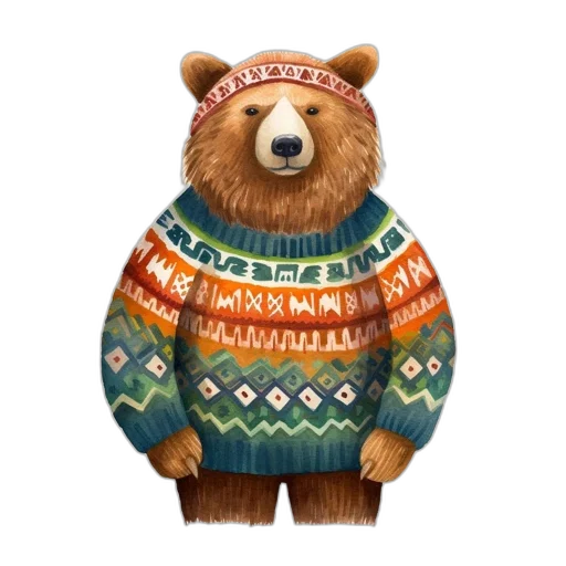 jacket, concept art, 3d render, anthropomorphic, bear, wears, vibrant, patterned transparent PNG cut-out