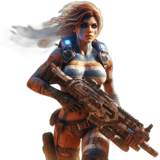 weapon, concept art, comic book art, cyberpunk, 3d render, blue, woman, rugged transparent PNG cut-out