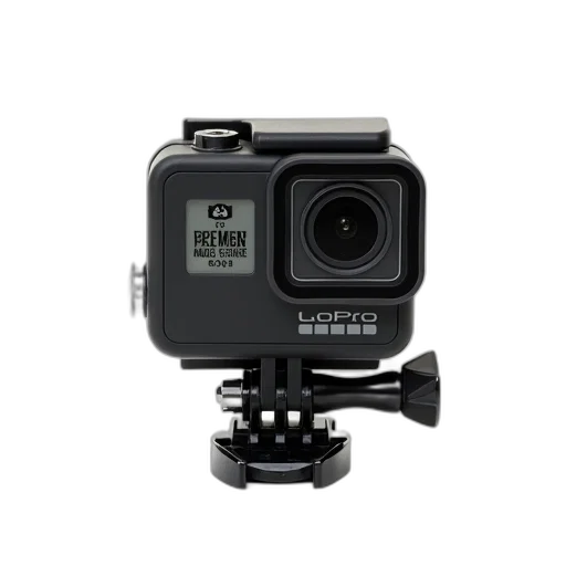 black, gopro, camera, silver, mount, displayed, against, white transparent PNG cut-out